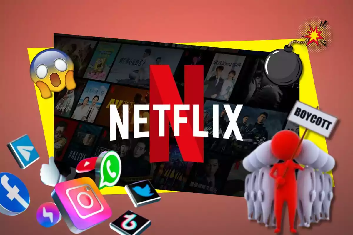 Imagen que muestra el logotipo de Netflix en el centro, rodeado de varios íconos de redes sociales como Facebook, Instagram, WhatsApp, Twitter y TikTok, junto con un emoji de sorpresa, una bomba y una figura roja sosteniendo un cartel que dice "Boycott".