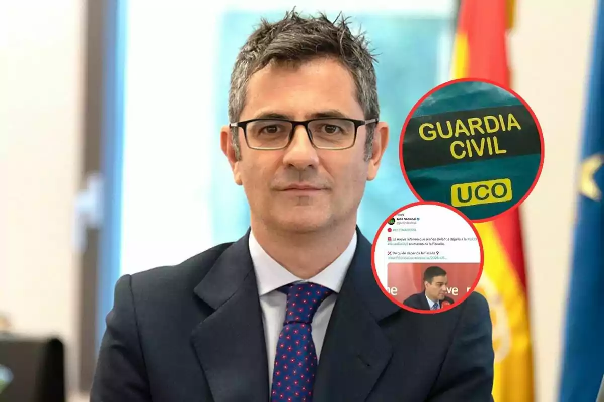 Hombre de traje y gafas frente a banderas con dos círculos superpuestos que muestran un chaleco de la Guardia Civil y una captura de pantalla de una red social