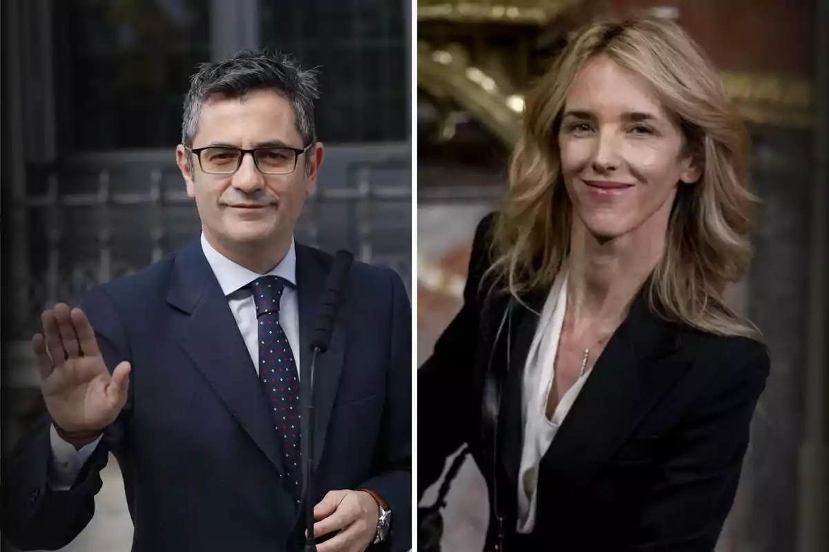 Un hombre con gafas y traje oscuro saluda con la mano mientras una mujer rubia sonríe, ambos en ambientes formales y separados por una línea vertical