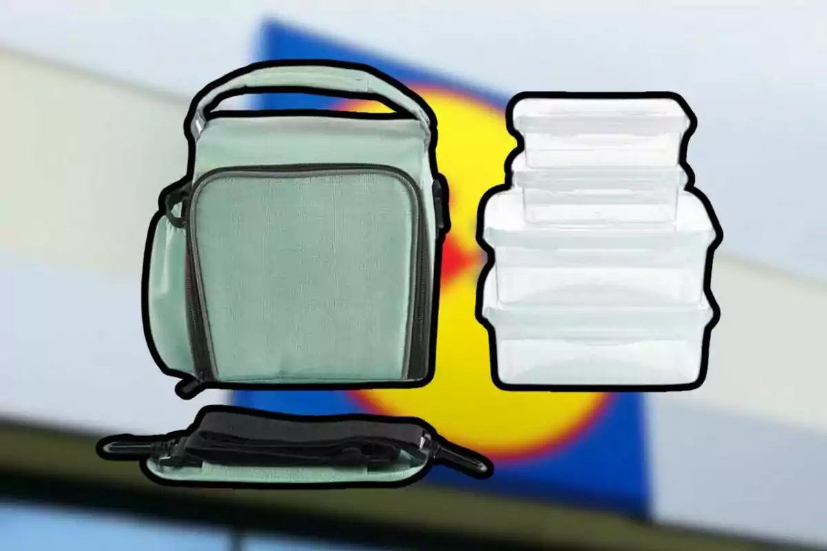 Bolsa térmica verde con tres recipientes de plástico transparente apilados. Bolsa térmica verde con tres recipientes de plástico transparente apilados.