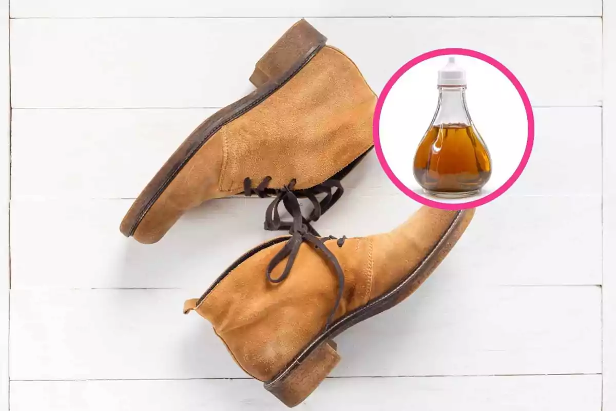 Botas de gamuza marrón con un círculo que muestra una botella de vinagre.