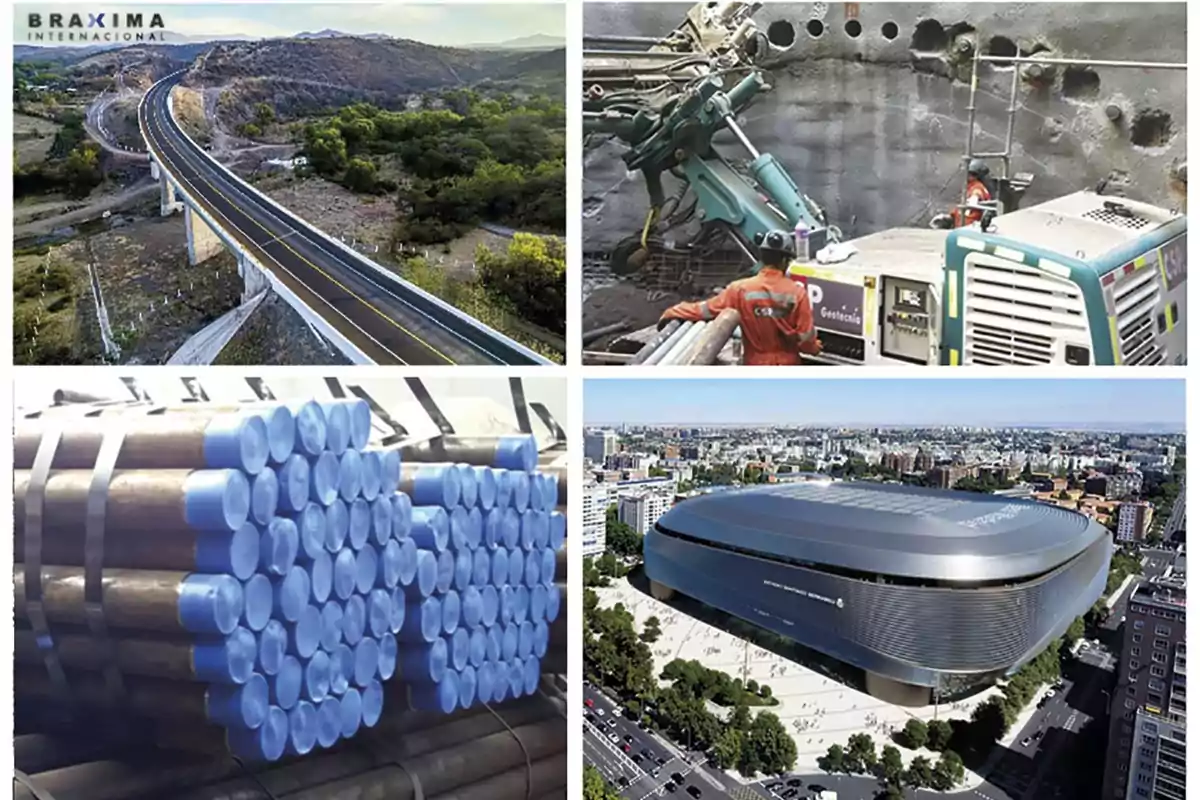 La imagen muestra cuatro escenas diferentes: una carretera elevada que atraviesa un paisaje montañoso, trabajadores operando maquinaria pesada en una construcción, tubos de metal apilados con tapas azules y un estadio moderno en una ciudad.