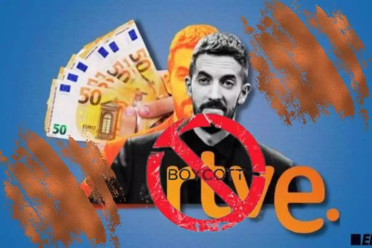 Collage de David Broncano con billetes y logo de RTVE