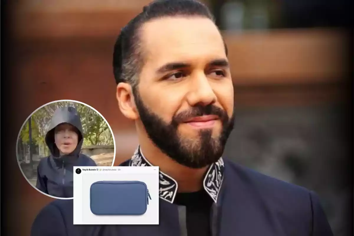 Un hombre con barba y cabello recogido viste una chaqueta oscura con detalles en el cuello, en la esquina inferior izquierda hay un recuadro con una persona usando una capucha y un estuche azul.