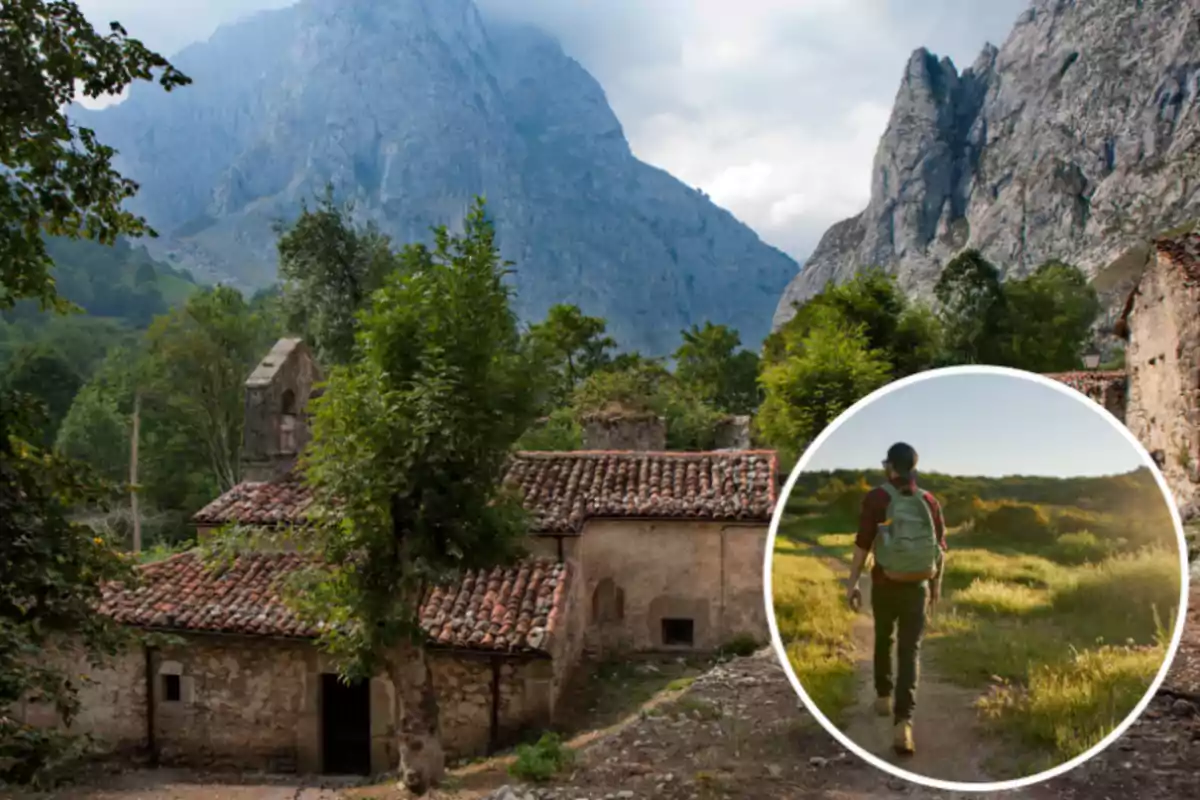 Una casa de campo rodeada de árboles y montañas, con una imagen insertada de una persona caminando por un sendero.