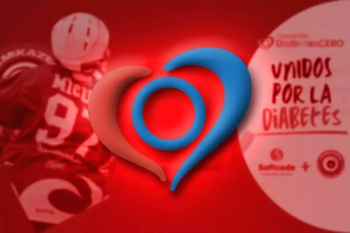 Un logotipo en forma de corazón azul y rojo sobre un fondo rojo con un jugador de hockey y texto que dice "Unidos por la diabetes".