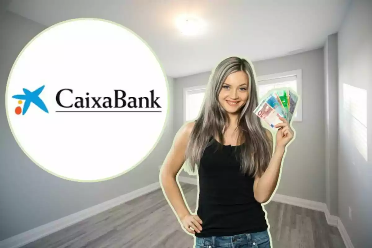 Una mujer sonriente sostiene varios billetes en la mano mientras está de pie en una habitación vacía, con el logotipo de CaixaBank en un círculo a su izquierda. Una mujer sonriente sostiene varios billetes en la mano mientras está de pie en una habitación vacía, con el logotipo de CaixaBank en un círculo a su izquierda.