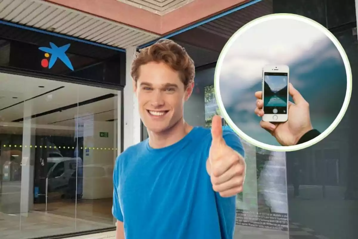 Un hombre sonriente con pulgar hacia arriba frente a una sucursal bancaria y una imagen de un teléfono móvil. Un hombre sonriente con pulgar hacia arriba frente a una sucursal bancaria y una imagen de un teléfono móvil.