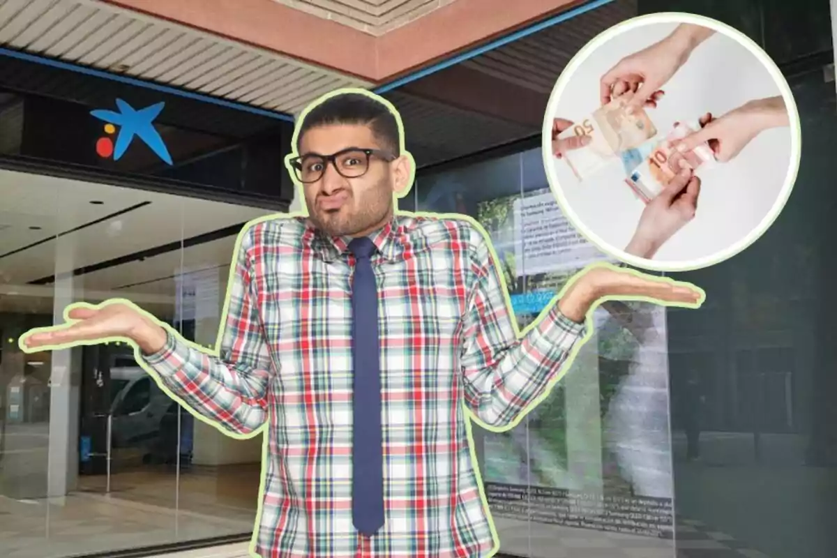 Un hombre con camisa de cuadros y corbata, con una expresión de confusión, está frente a un banco y hay una imagen circular de manos intercambiando billetes.