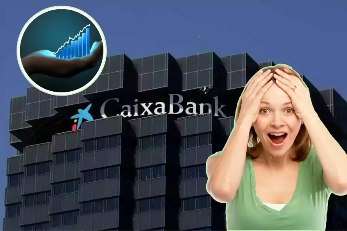 Una mujer sorprendida frente a un edificio de CaixaBank con un gráfico de crecimiento en una mano en la esquina superior izquierda. Una mujer sorprendida frente a un edificio de CaixaBank con un gráfico de crecimiento en una mano en la esquina superior izquierda.
