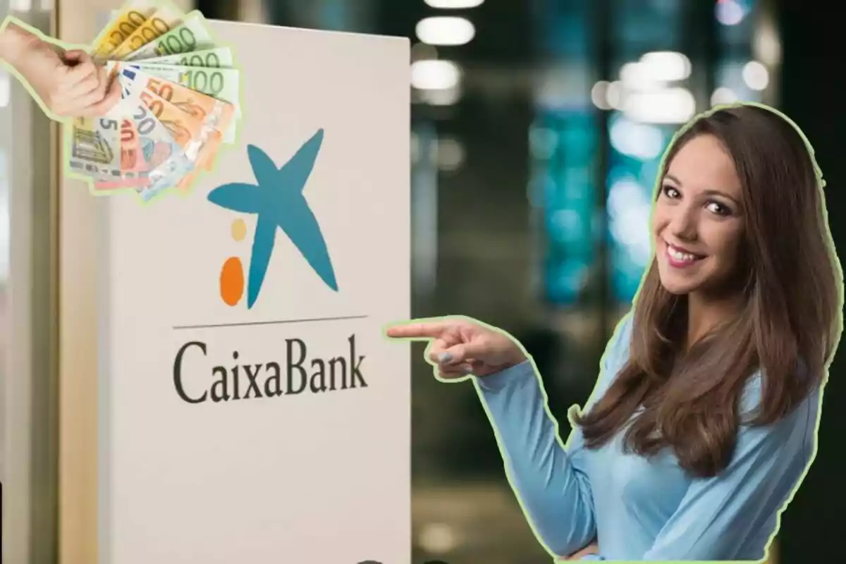 Una mujer sonriente señala un cartel de CaixaBank mientras una mano sostiene varios billetes de euro. Una mujer sonriente señala un cartel de CaixaBank mientras una mano sostiene varios billetes de euro.