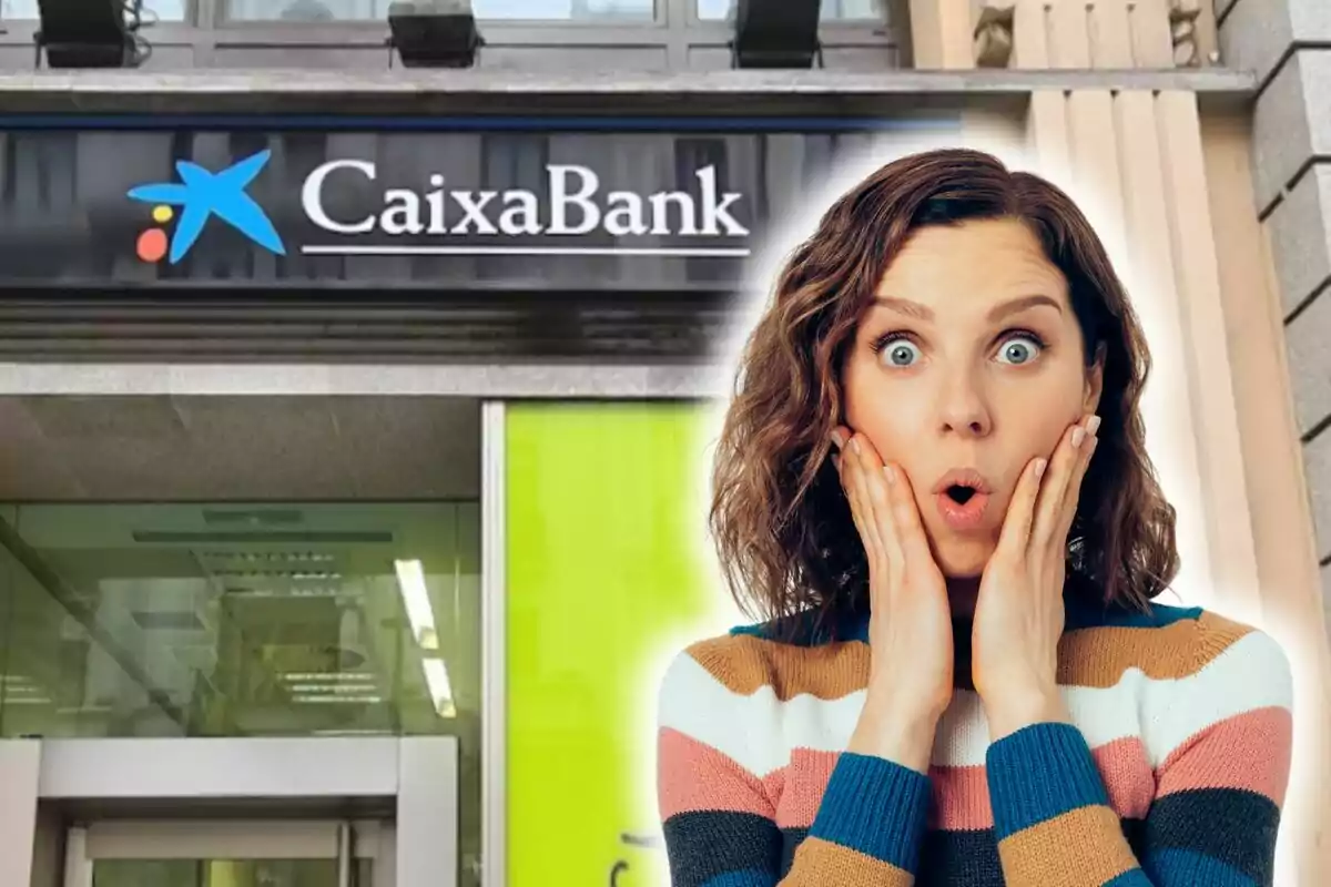 A person with a surprised expression in front of the entrance to a CaixaBank branch.