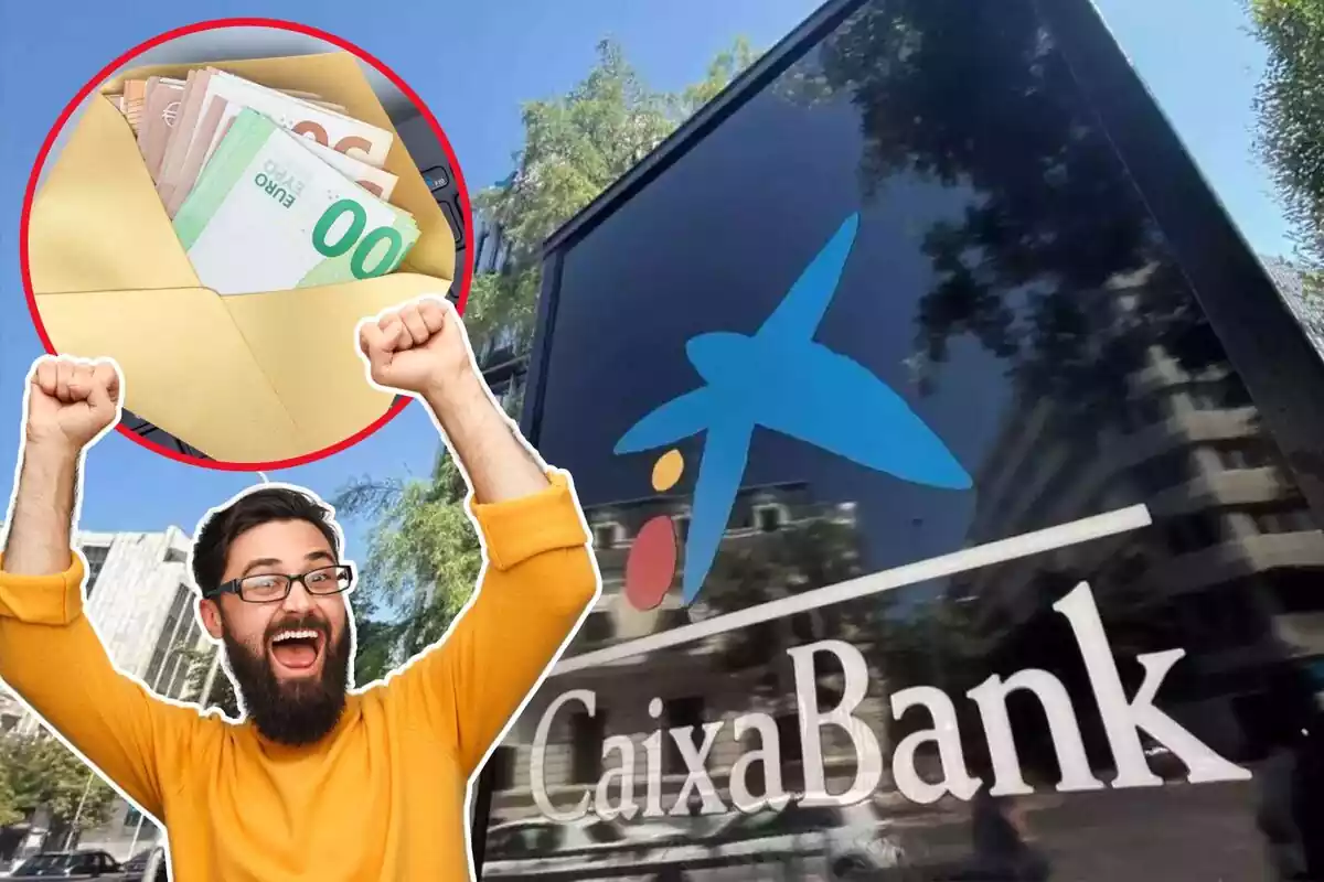 Imagen de fondo de unas oficinas de CaixaBank, con su logo, junto a una imagen de un hombre celebrando y un sobre con varios billetes de euros dentro