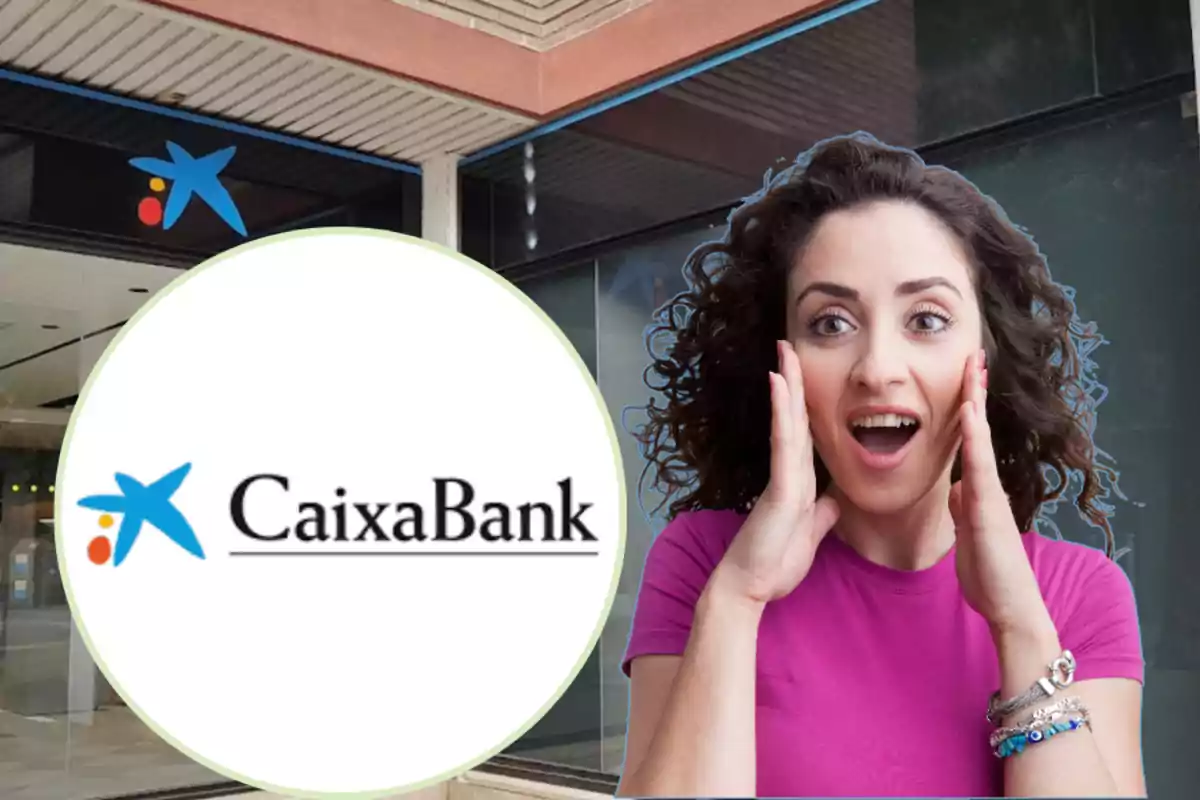 Woman surprised in front of a CaixaBank branch.