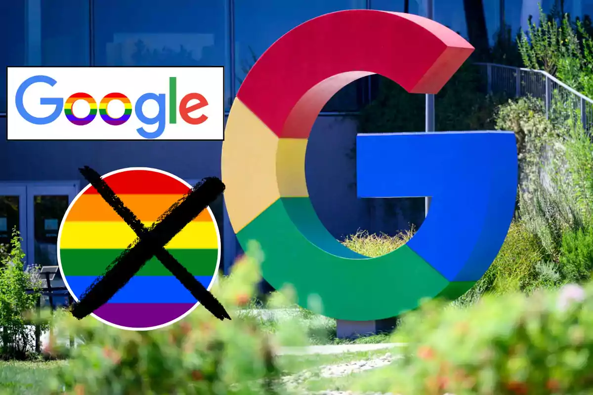 Un logotipo de Google con un diseño de arcoíris tachado en un entorno al aire libre.