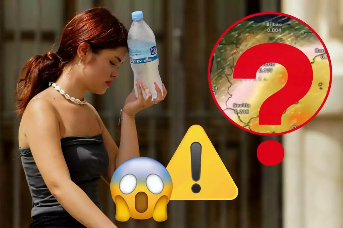 Mujer con botella de agua en la cabeza, emojis de cara sorprendida y advertencia, mapa del tiempo con signo de interrogación.