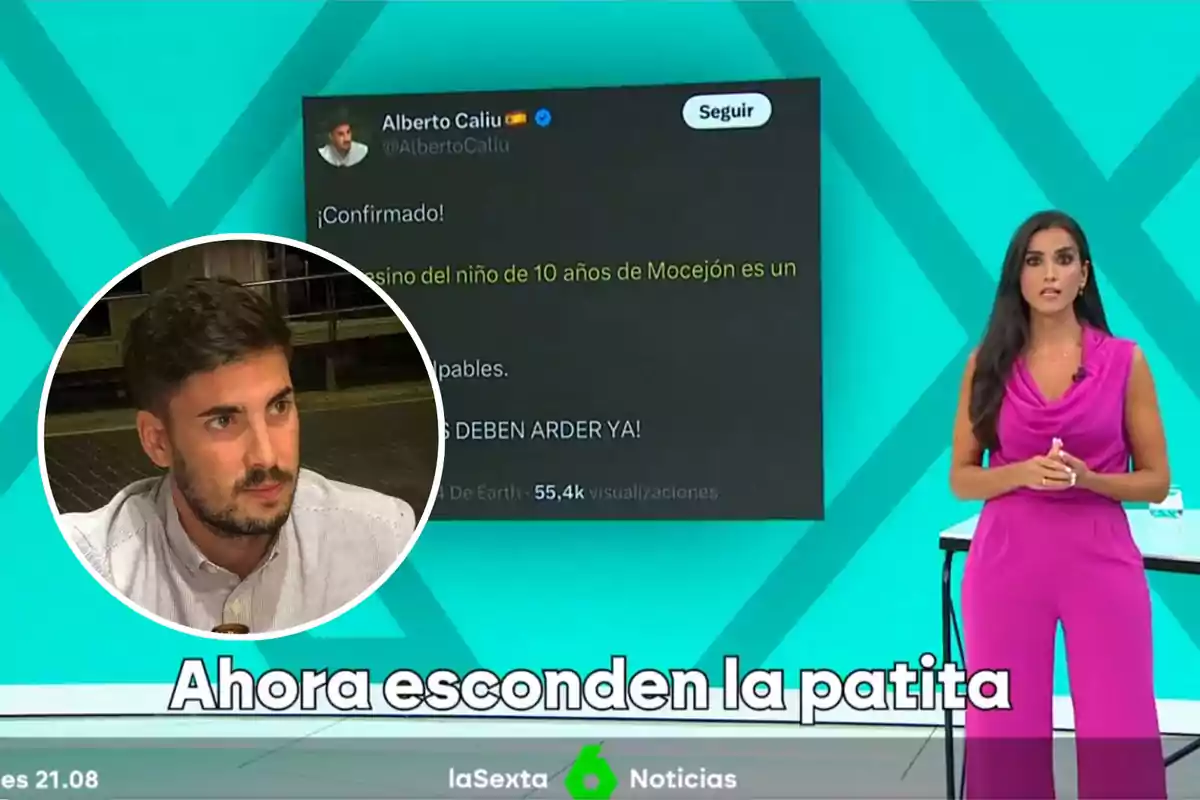 Presentadora de noticias de laSexta junto a un tuit de Alberto Caliu y una imagen de un hombre con barba. El texto en pantalla dice "Ahora esconden la patita".