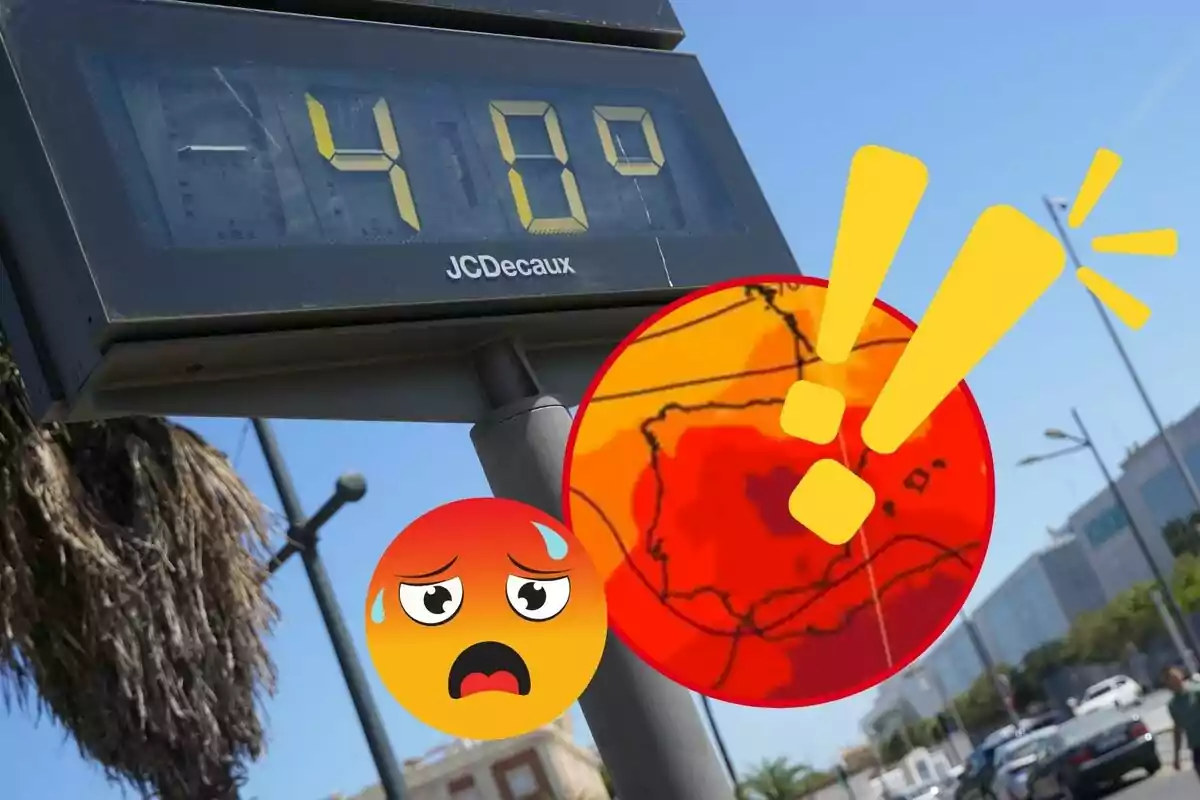 Termómetro urbano marcando 40 grados Celsius con emojis que representan calor extremo y un mapa de calor en el fondo.