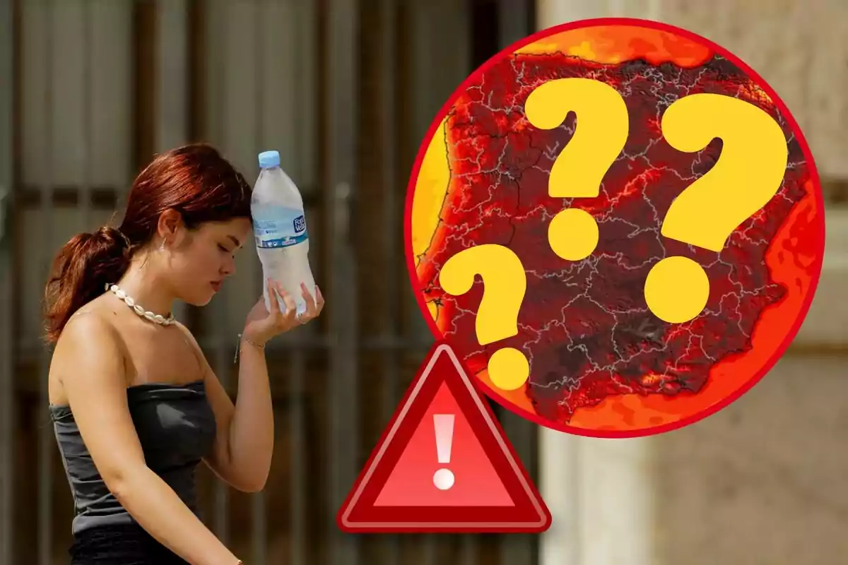 Una mujer sostiene una botella de agua en su frente mientras un gráfico de mapa de calor con signos de interrogación y un símbolo de advertencia se muestra en el fondo.