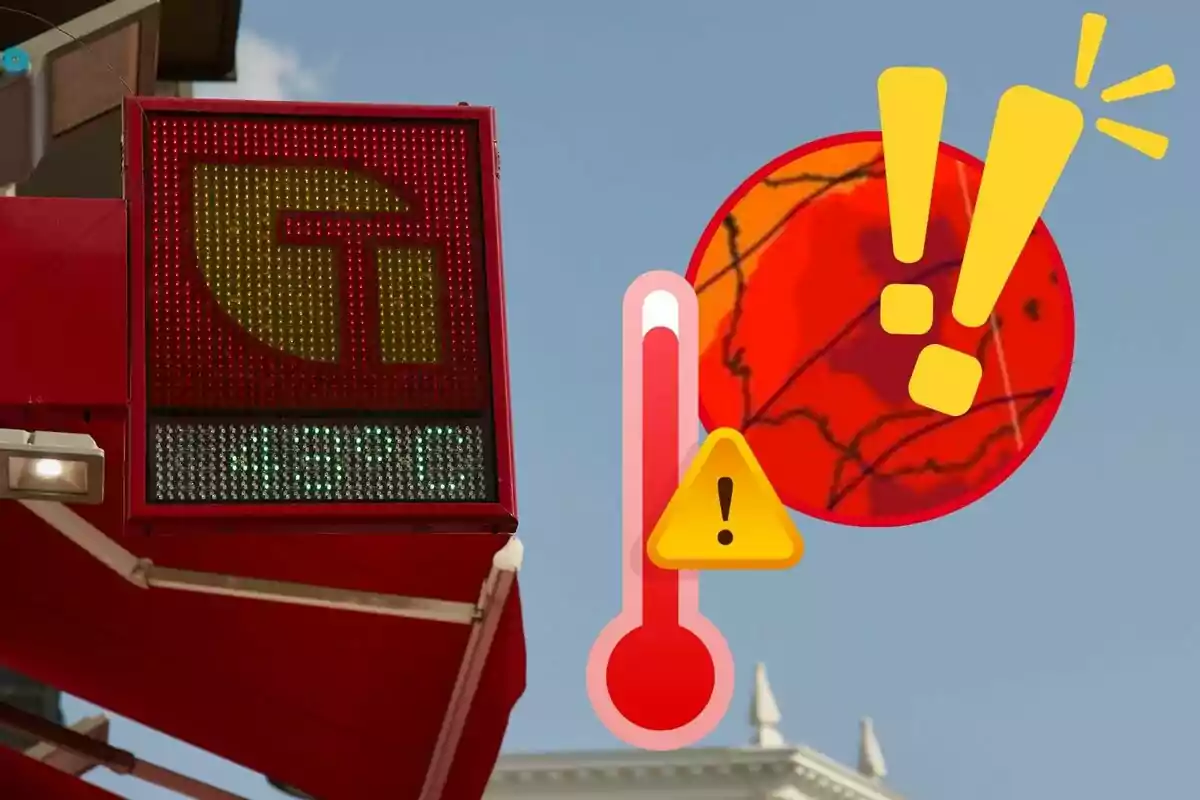 Un letrero digital muestra una temperatura de 43.5°C, acompañado de gráficos que indican una alerta de calor extremo.