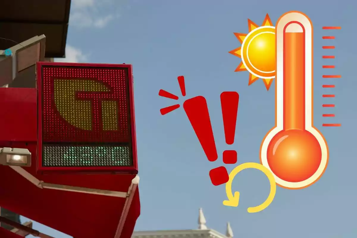 Un letrero digital muestra una temperatura de 43.9°C junto a un gráfico de un termómetro y un sol indicando calor extremo.