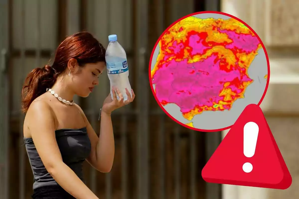 Mujer joven se refresca con una botella de agua en la cabeza mientras un mapa de calor intenso y una señal de advertencia aparecen en la imagen