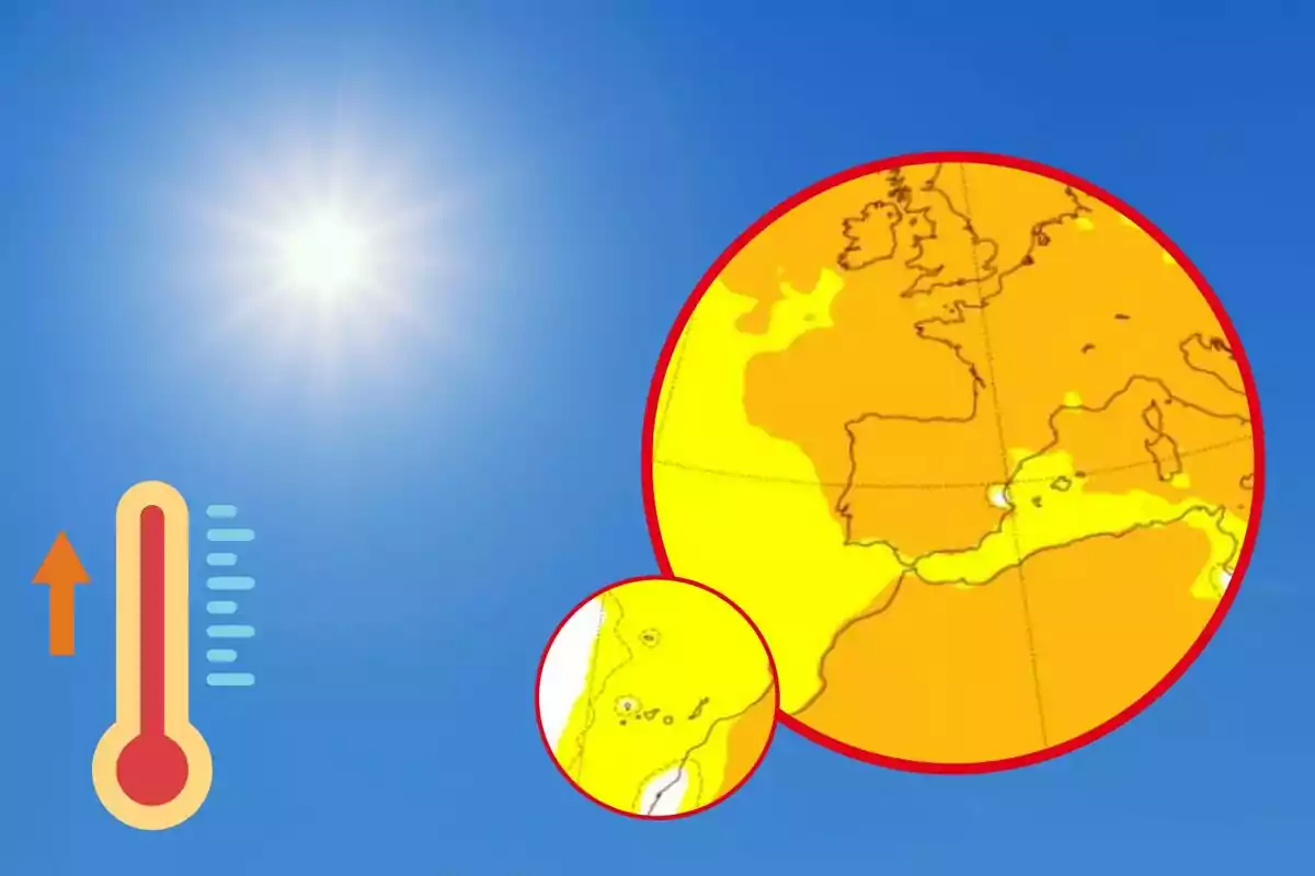 Sol brillante en un cielo azul con un termómetro indicando aumento de temperatura y un mapa resaltando zonas cálidas en Europa y África. Sol brillante en un cielo azul con un termómetro indicando aumento de temperatura y un mapa resaltando zonas cálidas en Europa y África.