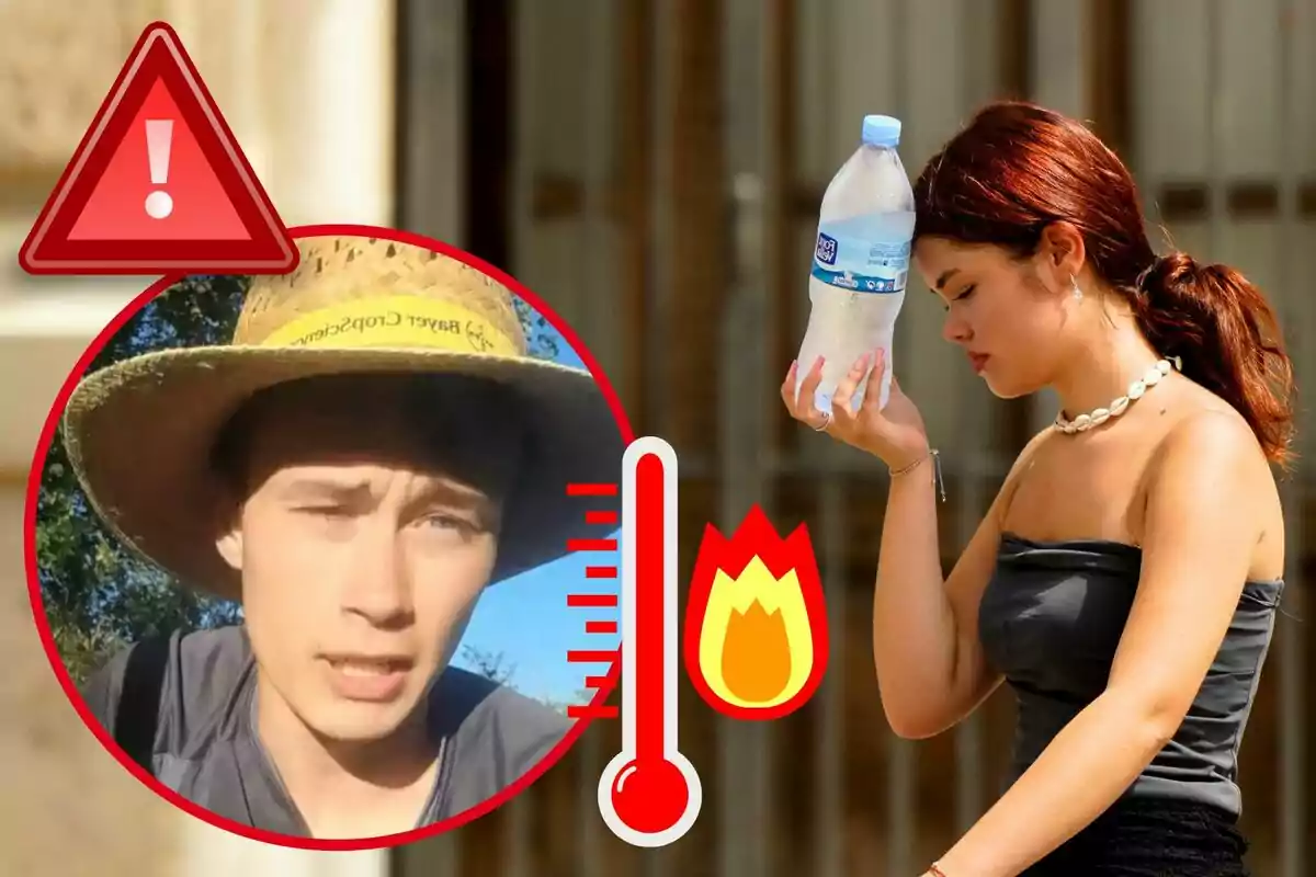 Una mujer sostiene una botella de agua en su frente mientras parece estar afectada por el calor, junto a un círculo que muestra a un hombre con sombrero y un termómetro con un icono de fuego y una señal de advertencia.