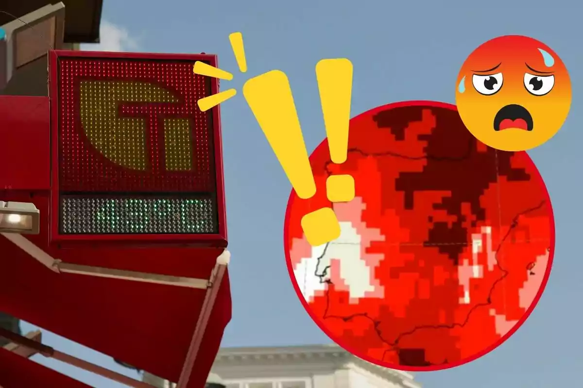 Un semáforo de temperatura con un mapa de calor y un emoji preocupado.