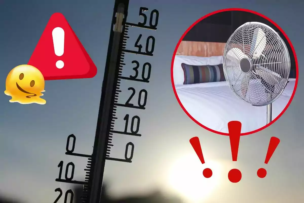 Termómetro marcando altas temperaturas con un ventilador en una habitación y emojis de advertencia y calor.