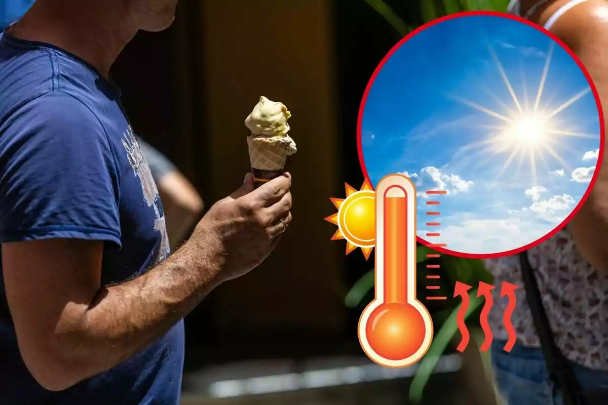 Un hombre sostiene un helado mientras el sol brilla intensamente y un gráfico muestra un termómetro indicando altas temperaturas.