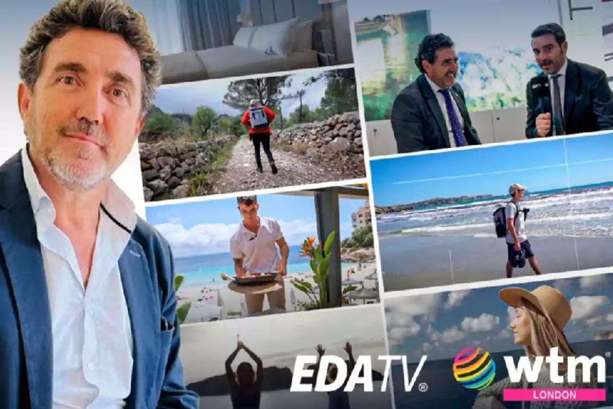 Hombre de traje junto a un collage de imágenes que muestran actividades al aire libre, entrevistas y paisajes de playa, con los logotipos de EDA TV y WTM London.