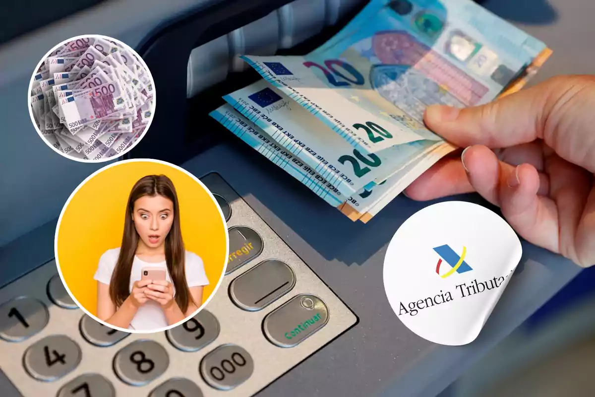 A hand withdraws bills from an ATM, with superimposed images of a woman surprised looking at her phone, a pile of 500 euro bills, and a Tax Agency logo.