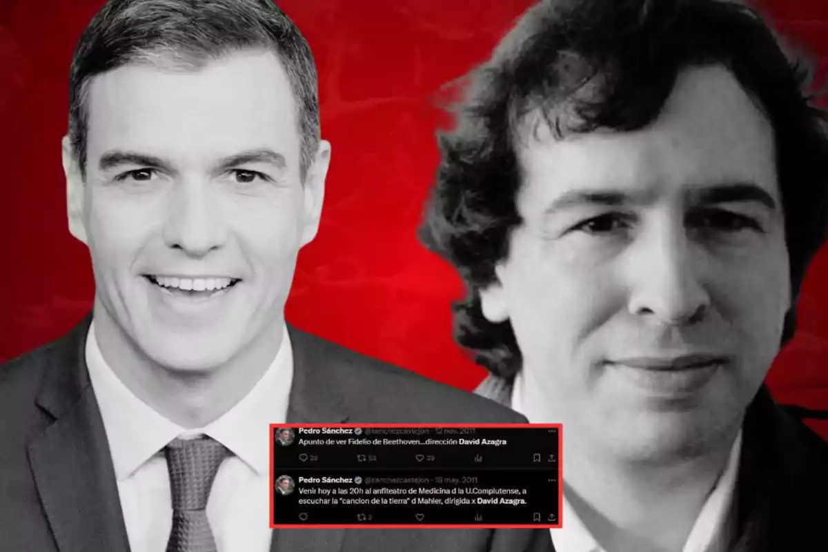 Dos hombres en blanco y negro con fondo rojo, uno de ellos con dos tweets en los que menciona a David Azagra.