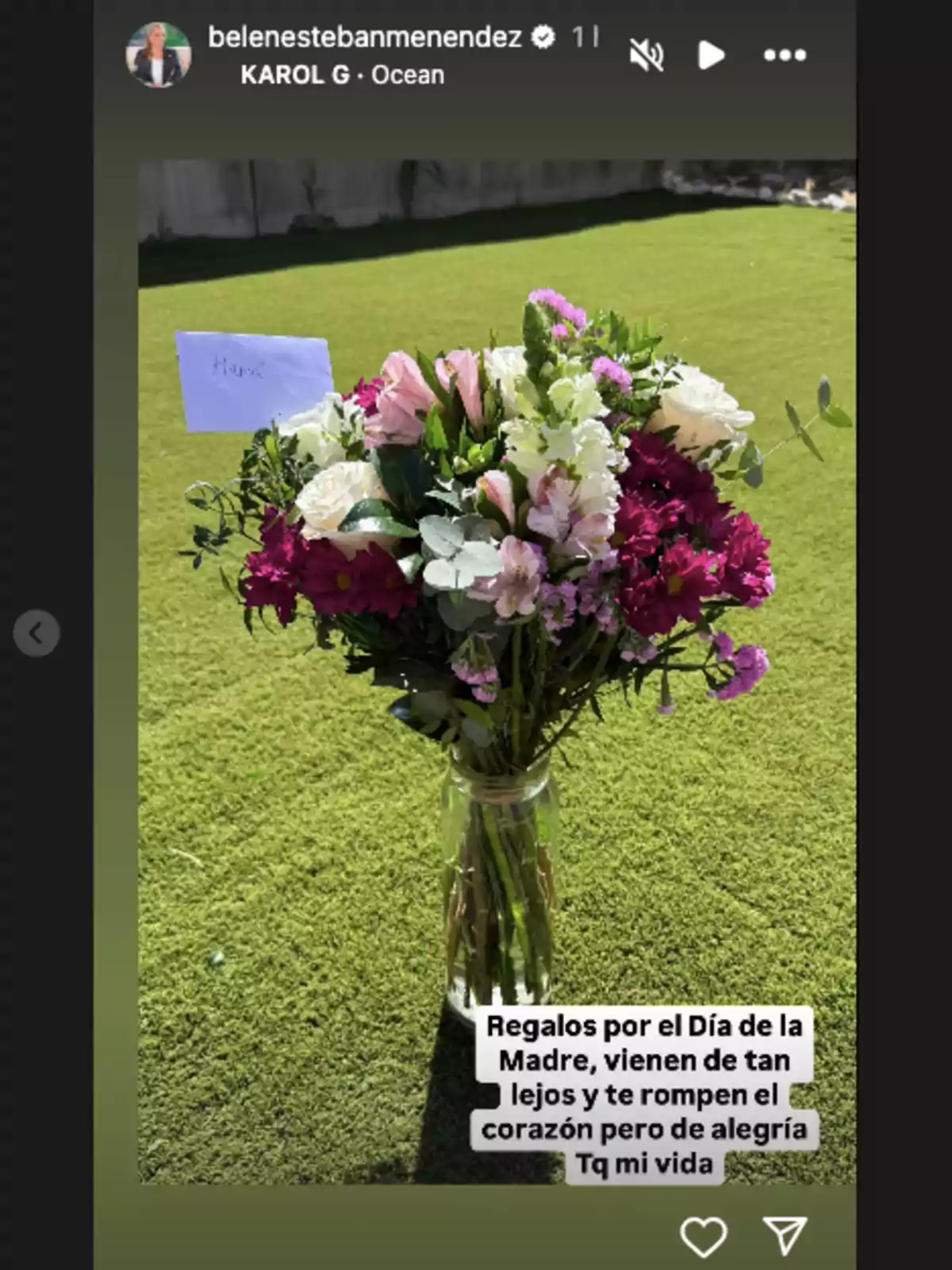 Un ramo de flores coloridas en un jarrón sobre césped, acompañado de una nota. Un ramo de flores coloridas en un jarrón sobre césped, acompañado de una nota.