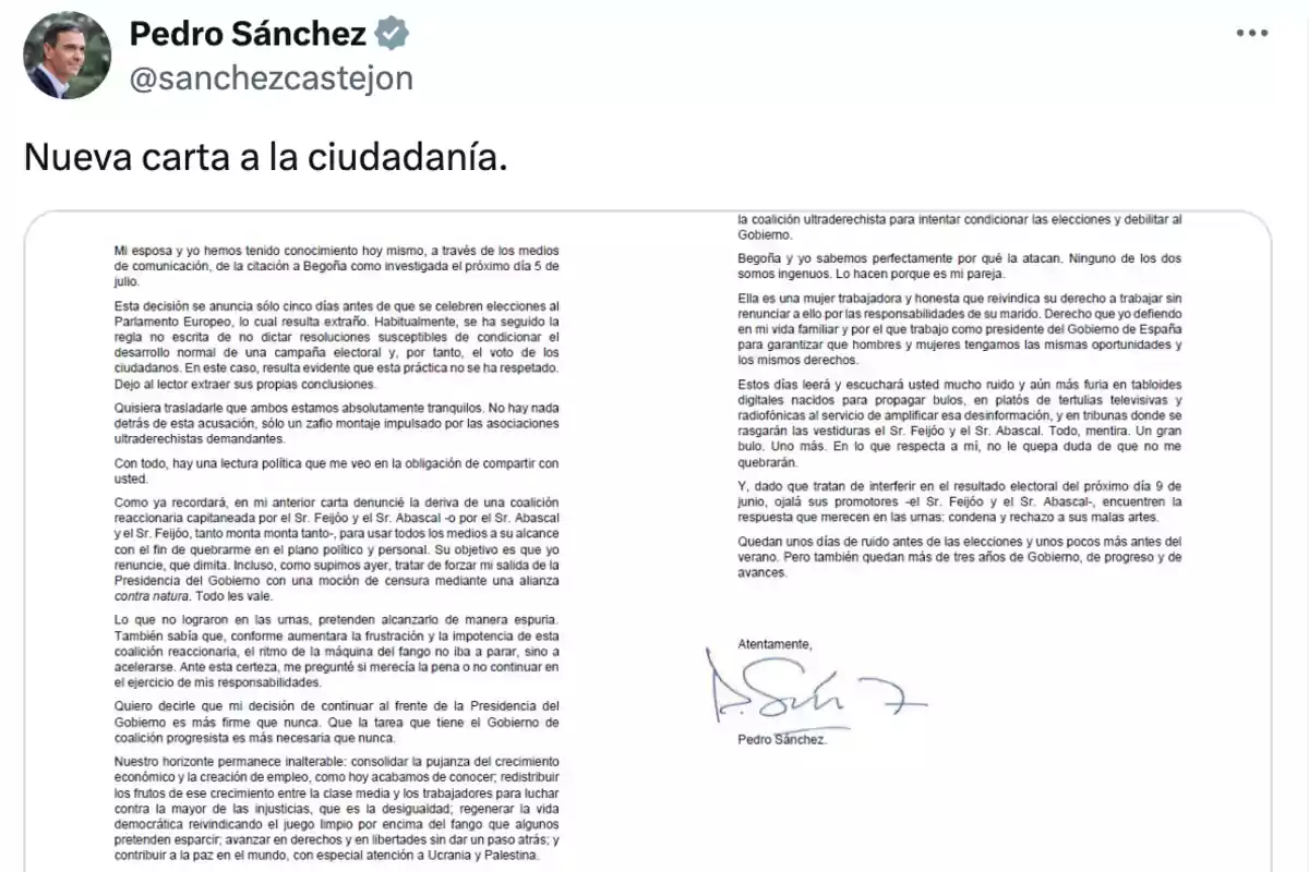 Nueva carta de Pedro Sánchez a la ciudadanía