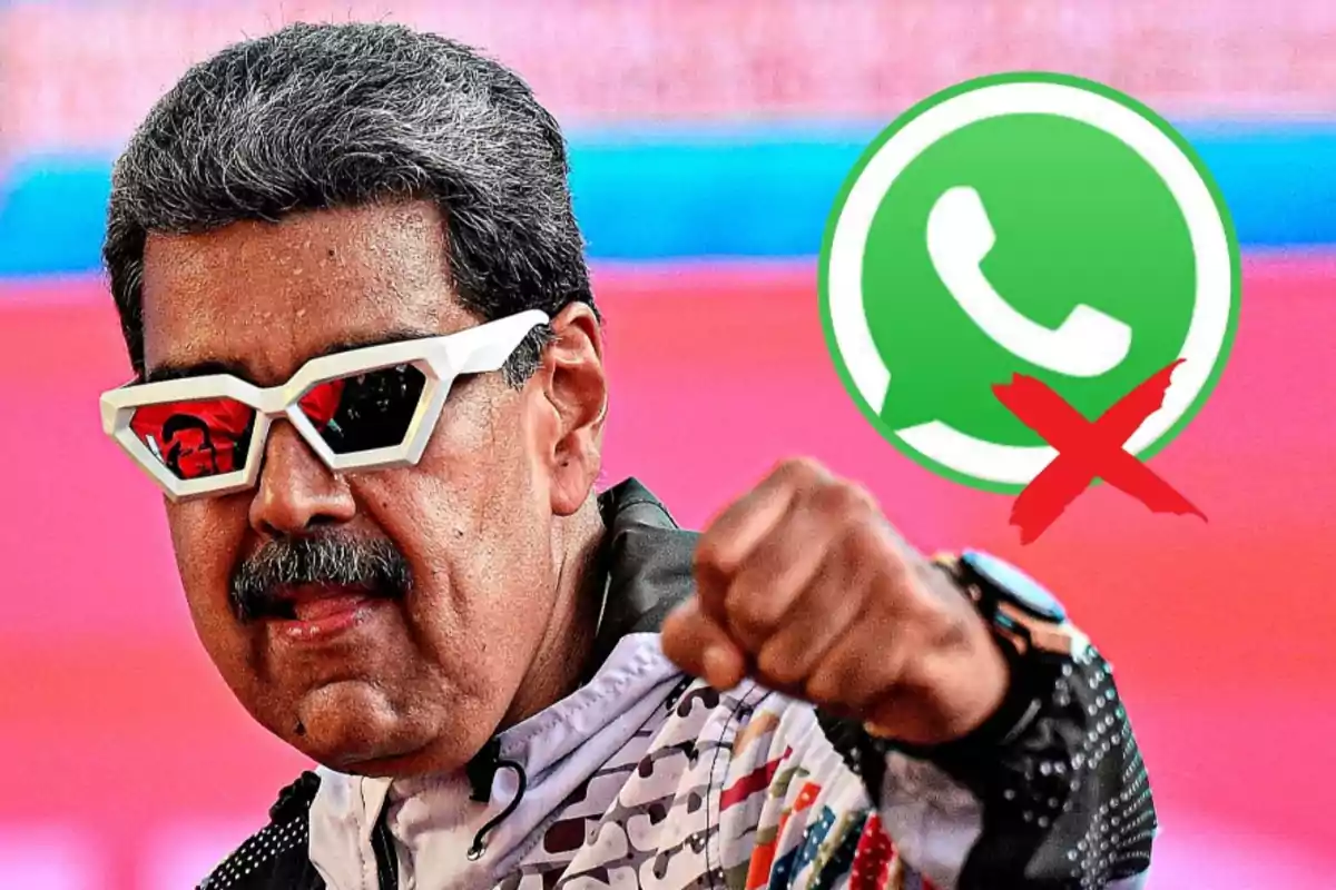 Hombre con gafas de sol blancas y gesto de puño cerrado, con un símbolo de WhatsApp tachado en el fondo.