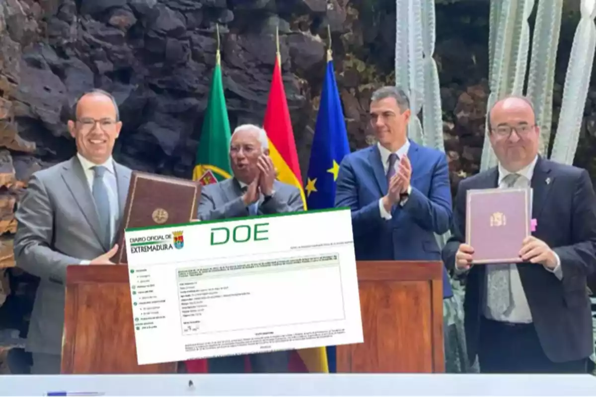 Four men in suits pose with folders at an official event, with flags in the background and a document from the Official Journal of Extremadura superimposed on the image.