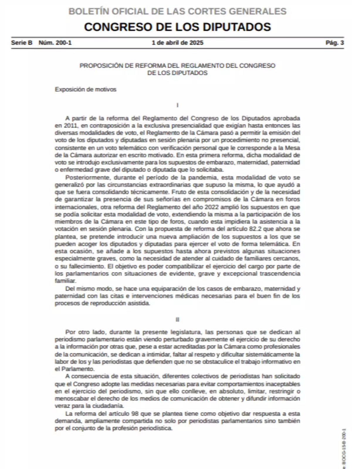Imagen de una página del Boletín Oficial de las Cortes Generales del Congreso de los Diputados, fechada el 1 de abril de 2025, que contiene una proposición de reforma del reglamento del Congreso, abordando temas como el voto telemático y el ejercicio del periodismo parlamentario. Imagen de una página del Boletín Oficial de las Cortes Generales del Congreso de los Diputados, fechada el 1 de abril de 2025, que contiene una proposición de reforma del reglamento del Congreso, abordando temas como el voto telemático y el ejercicio del periodismo parlamentario.