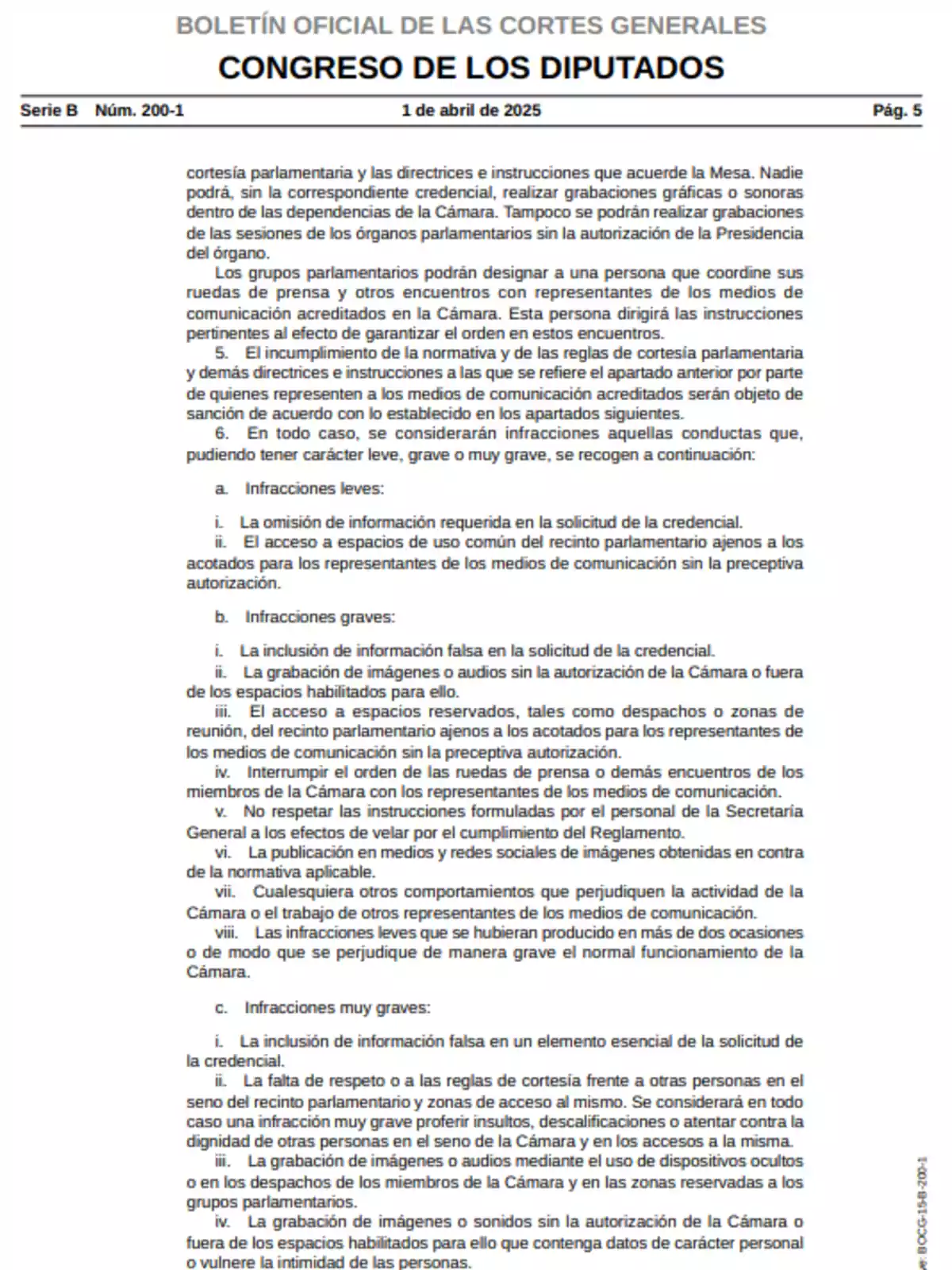 Página del Boletín Oficial de las Cortes Generales del Congreso de los Diputados, Serie B, Número 200-1, con fecha 1 de abril de 2025, que detalla normas y sanciones relacionadas con la conducta en el recinto parlamentario, incluyendo infracciones leves, graves y muy graves. Página del Boletín Oficial de las Cortes Generales del Congreso de los Diputados, Serie B, Número 200-1, con fecha 1 de abril de 2025, que detalla normas y sanciones relacionadas con la conducta en el recinto parlamentario, incluyendo infracciones leves, graves y muy graves.