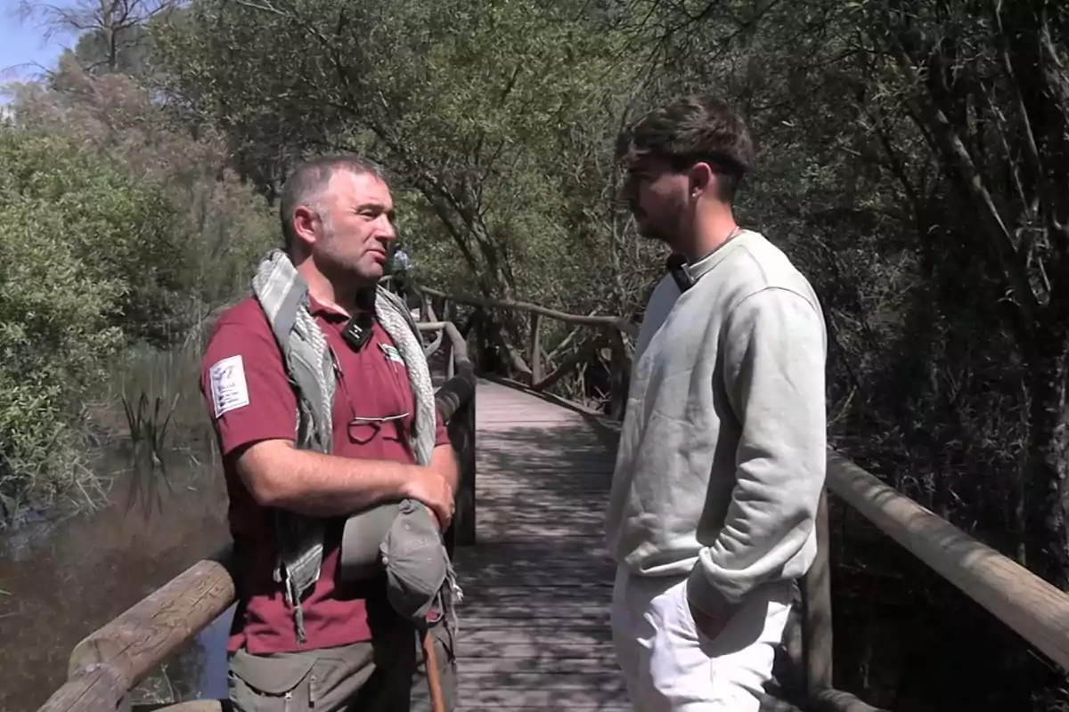 Dos personas conversan en un puente de madera rodeado de vegetación. Dos personas conversan en un puente de madera rodeado de vegetación.