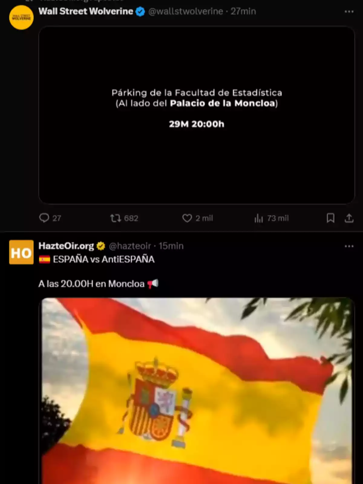 Captura de pantalla de dos publicaciones en Twitter, la primera anuncia una reunión en el parking de la Facultad de Estadística junto al Palacio de la Moncloa el 29 de mayo a las 20:00 horas, y la segunda convoca a un evento en Moncloa a las 20:00 horas mostrando una bandera de España ondeando Captura de pantalla de dos publicaciones en Twitter, la primera anuncia una reunión en el parking de la Facultad de Estadística junto al Palacio de la Moncloa el 29 de mayo a las 20:00 horas, y la segunda convoca a un evento en Moncloa a las 20:00 horas mostrando una bandera de España ondeando