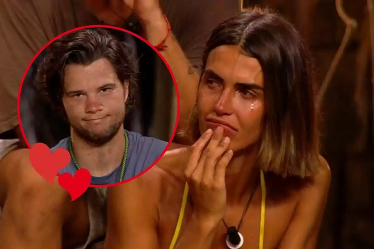 Captura de Sofía Suescun llorando en la palapa de 'Supervivientes All Stars' junto a una imagen circular de Bosco Martínez-Bordiú y un par de corazones.