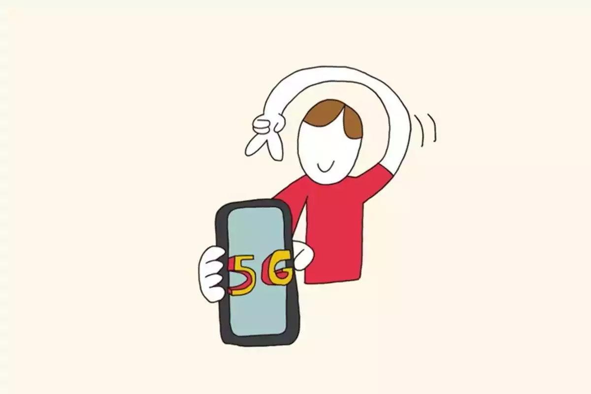 Caricatura de Lowi representando un chico con un teléfono móvil y el 5G