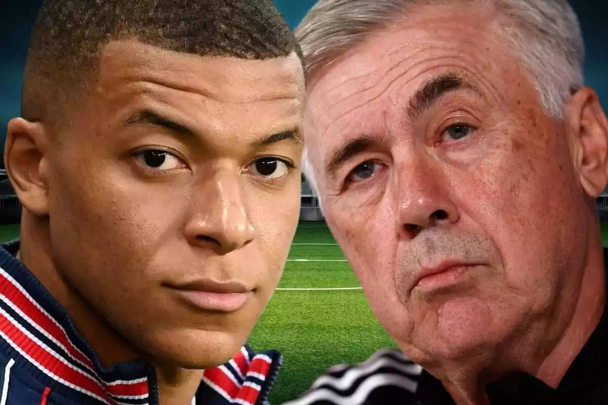 Carlo Ancelotti y Kylian Mbappé frente a frente, sobre un campo de fútbol