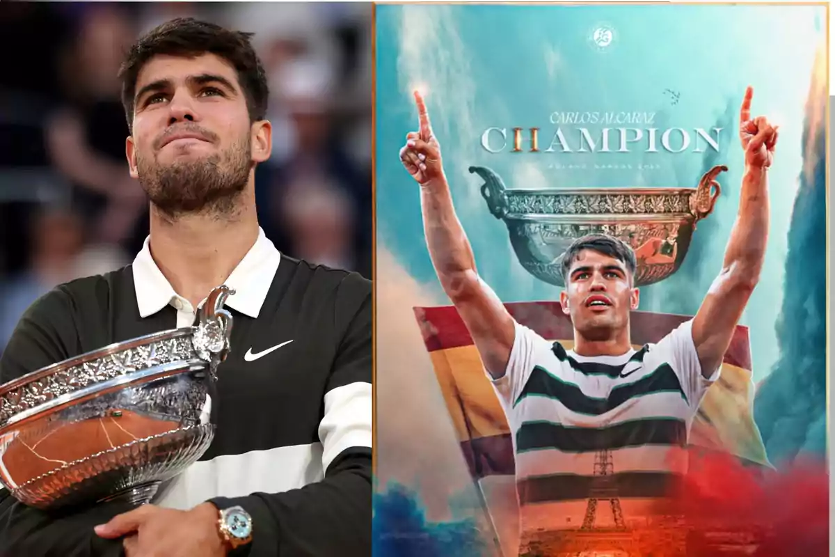 Un tenista sostiene un trofeo plateado mientras mira hacia arriba y a su lado aparece una imagen editada de él celebrando con los brazos en alto frente a una copa y una bandera de fondo