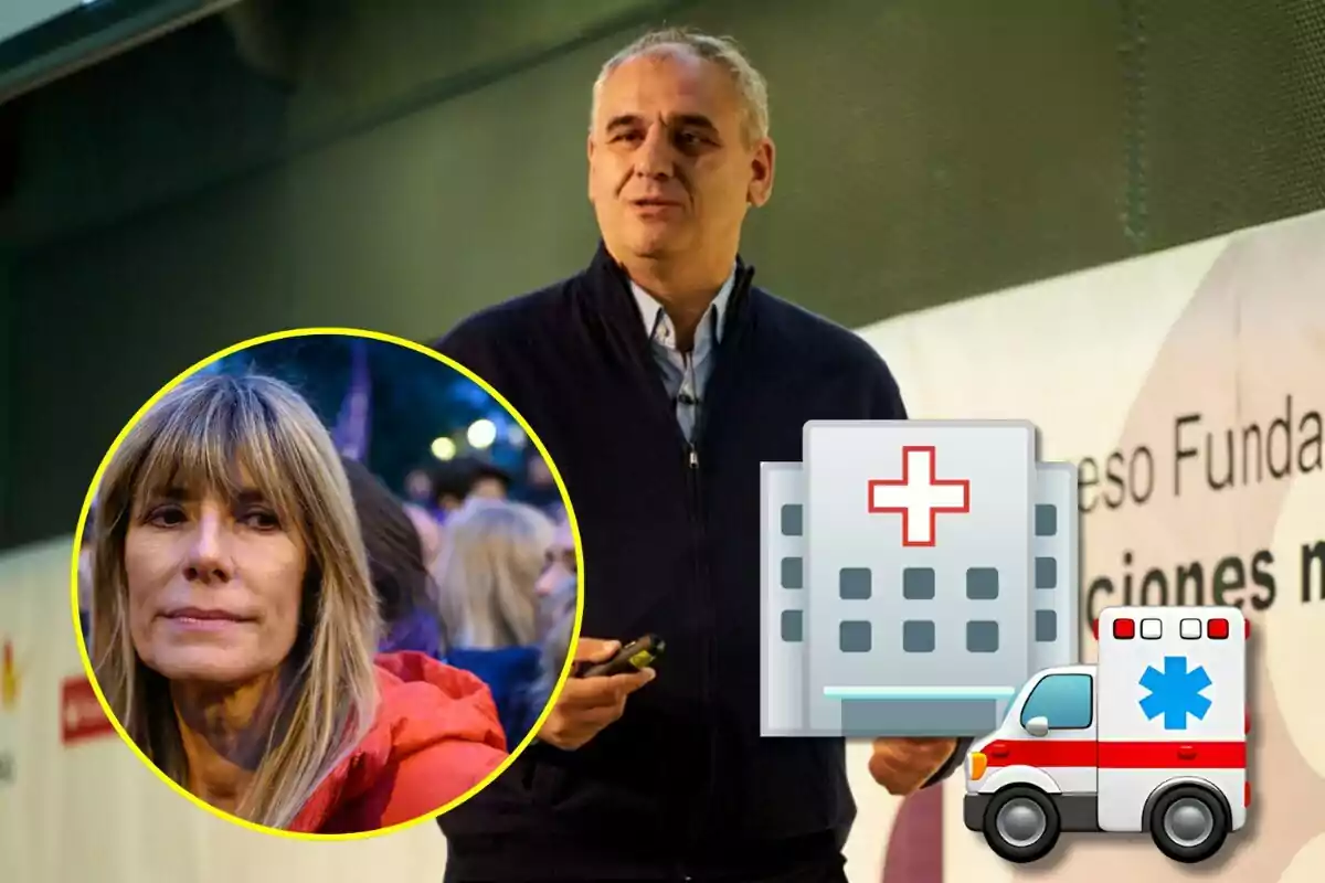 Una mujer en un círculo amarillo y un hombre de pie con un micrófono, junto a un icono de hospital y una ambulancia.