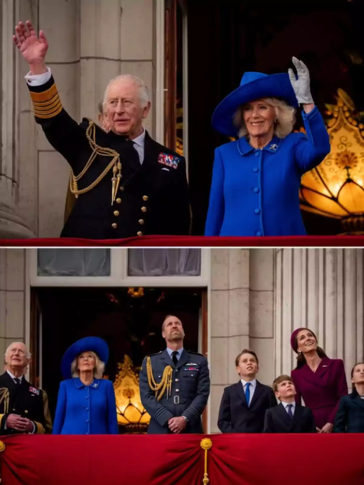 A group of formally dressed people waves from a balcony decorated with red fabric as they watch something in the sky. A group of formally dressed people waves from a balcony decorated with red fabric as they watch something in the sky.