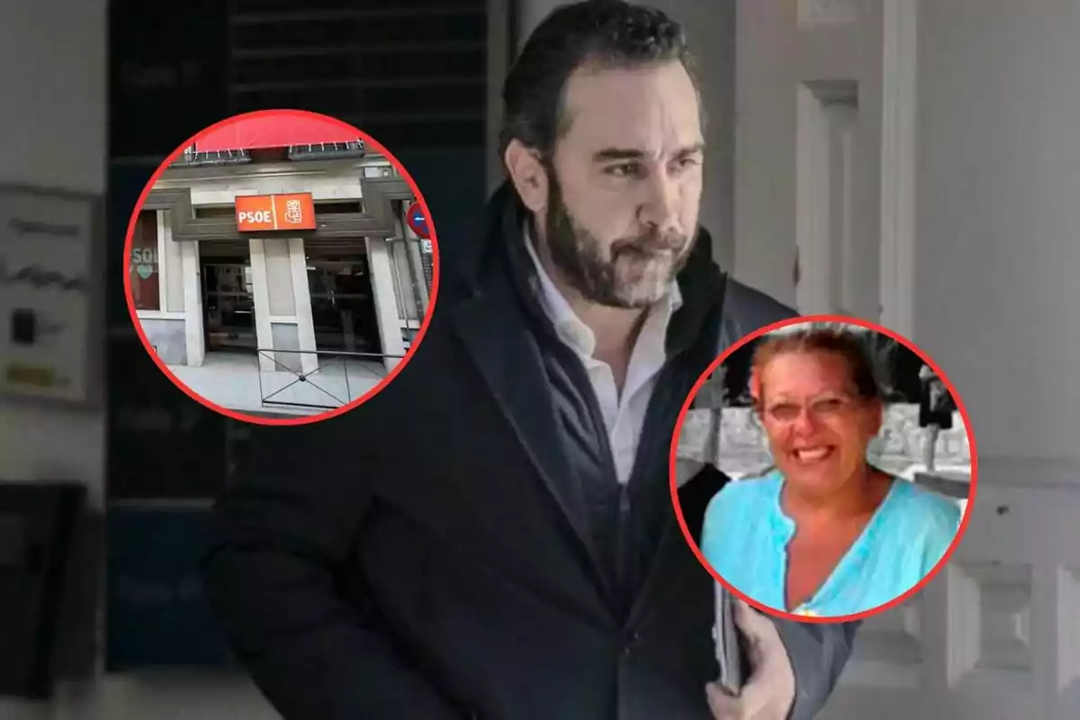 Un hombre con barba y chaqueta oscura camina mientras sostiene un objeto en la mano. Hay dos círculos rojos superpuestos en la imagen, uno muestra la entrada de un edificio con un cartel que dice "PSOE" y el otro muestra a una mujer sonriendo.