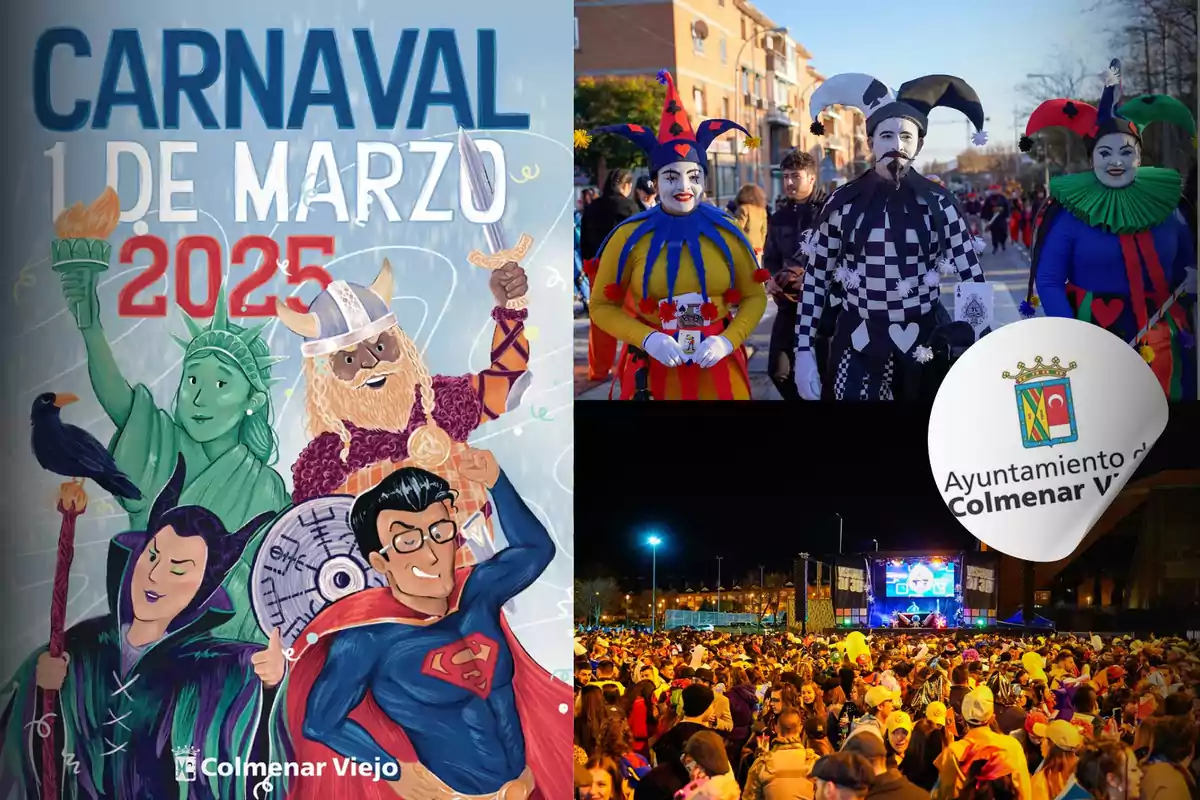 Cartel del Carnaval de Colmenar Viejo 2025 con ilustraciones de personajes disfrazados, personas en trajes coloridos y una multitud disfrutando de un evento nocturno al aire libre.